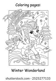 Christmas kids coloring with cute dreaming skating unicorn. Winter wonderland lettering. Vector cartoon illustration. Coloring book page for children. For education, print, game, puzzle,design