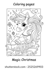 Christmas kids coloring with cute happy unicorn with in Santa hat. Magic lettering. Vector cartoon monochrome illustration. Coloring book page for children. For education, print, game, puzzle,design