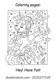 Christmas kids coloring with cute jolly unicorn. Hey Have fun lettering. Vector cartoon monochrome illustration. Coloring book page for children. For education, print, game, puzzle,design