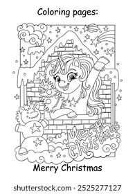 Crianças de Natal colorindo com um unicórnio bonito em uma casa acolhedora. Feliz Natal. Ilustração monocromática de desenho animado vetorial. Página do livro de colorir para crianças. Para educação, impressão, jogo, design