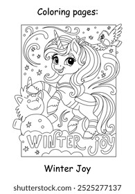 Christmas kids coloring with cute unicorn making a snowman. Winter joy lettering. Vector cartoon monochrome illustration. Coloring book page for children. For education, print, game, puzzle,design