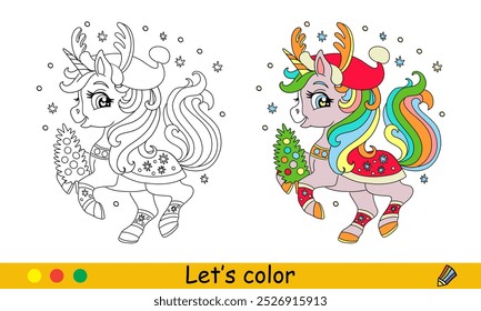 Christmas kids coloring cute unicorn in Santa hat with Christmas tree. Vector cartoon monochrome illustration with color sample. Coloring book page for children. For education, print, game,design