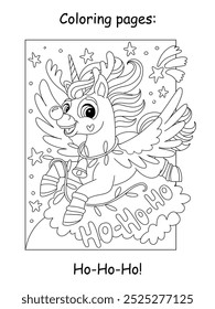 Christmas kids coloring with funny Unicorn in Santa reindeer costume. Ho-Ho-Ho lettering. Vector cartoon monochrome illustration. Coloring book page for children. For print, game, puzzle,design
