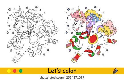 Crianças de Natal coloração jolly pulando unicórnio com tinsel. Ilustração monocromática de desenho animado vetorial com amostra de cor. Página do livro de colorir para crianças. Para educação, passatempo, impressão, jogo, design,