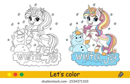 Christmas kids coloring unicorn building a snowman. Vector cartoon monochrome illustration with color sample. Coloring book page for children. For education, pastime, print, game, design,