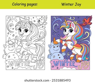 Christmas kids coloring with unicorn making a snowman. Winter joy lettering. Vector cartoon monochrome illustration with color sample. Coloring book page. For education, print, game,design