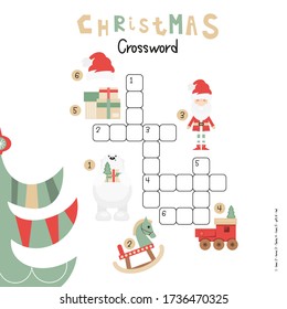 Christmas Kids Crossword in English. Puzzle Game with Cartoon Christmas Characters and Symbols - Santa, Polar Bear, Toys, Gifts. Games for Preschool, Kindergarten, School. Vector Illustration.