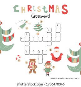 Christmas Kids Crossword in English. Puzzle Game with Cartoon Christmas Characters and Symbols - Santa, Elf, Bear, Angel, Candy, Tree. Games for Preschool, Kindergarten, School. Vector Illustration.