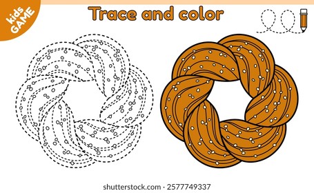 Christmas kids game. Trace and color. Connect dotted lines. Draw a kringle or pretzel is traditional Xmas baking in Estonia, Northern Europe. Handwriting practice activity page for children. Vector.