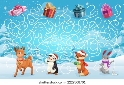 Los niños de Navidad laberíntico juego de laberinto. Ayuda a los animales lindos encontrar el rompecabezas del juego de regalos. Hoja de cálculo vectorial con árboles de invierno, regalos navideños y ciervos de dibujos animados, conejo o conejo, zorro, pingüino