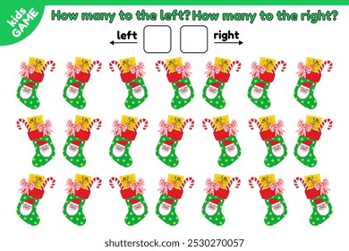 Christmas kids math counting game. How many holiday stockings is tilted to the left and how many to the right. Count, write answer. Vector New Year illustration. Activities book for education children
