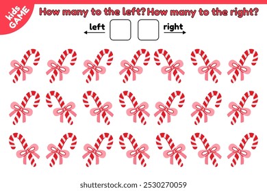 Christmas kids math counting game. How many striped candy canes is tilted to the left and how many to the right. Count, write answer. Vector Xmas illustration. Activities book for education children.
