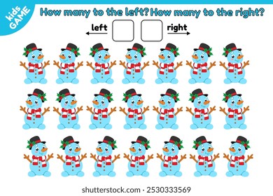 Navidades niños juego de conteo de matemáticas. Cuánto muñeco de nieve mira a la izquierda y cuántos a la derecha. Cuenta, escribe la respuesta. Rompecabezas matemático. Ilustración vectorial. Libro de actividades para la educación de los niños.
