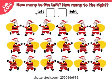 Christmas kids math counting game. How many Santa Clauses runs to the left and how many to the right. Count and write answer. Educational worksheet. Vector illustration. Perfect for education children