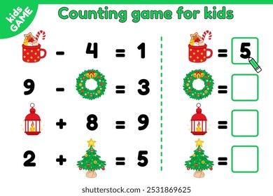 Christmas kids math counting game. Educational mathematical exercise with Xmas tree, fir wreath, lantern, holiday mug. Count and write answer. Puzzle for school education children. Vector illustration