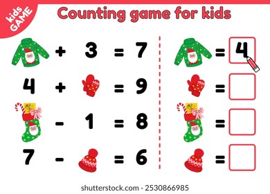 Christmas kids math game. Counting puzzle with holiday ugly sweater, Xmas stocking, winter hat. Count and write answer. Educational activities book. Vector illustration. Perfect for education children