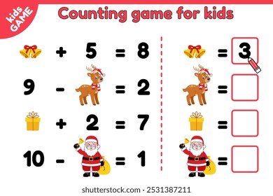 Navidades niños juego de matemáticas. Puzzle de contar con Santa Claus, renos, campanas de Navidad. Cuenta y escribe la respuesta. Libro de actividades educativas. Ilustración vectorial. Perfecto para niños de educación preescolar.