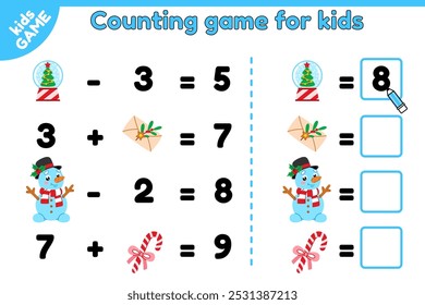 Christmas kids math game. Counting puzzle with snowman, candy cane, glass snow globe. Count and write answer. Educational activities book. Vector illustration. Perfect for preschool education children