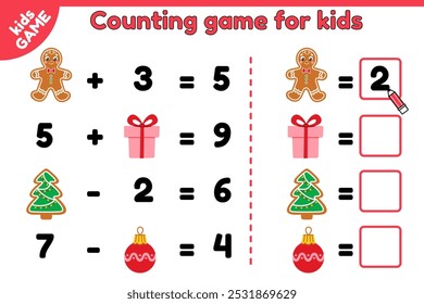 Christmas kids math game. Counting puzzle with gingerbread, gifts, Xmas decoration balls. Count and write down answer. Educational activities book. Vector illustration. Perfect for education children.