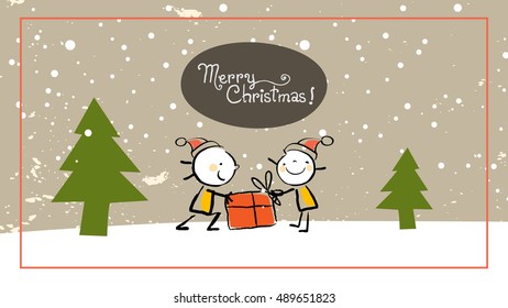 Christmas kids, Merry Christmas greeting card. Sketchy doodle style hand drawn seasonal vector illustration. 