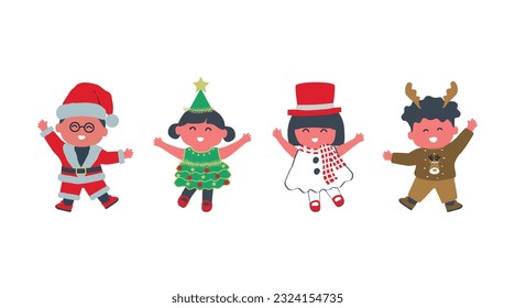 Christmas kids party. Cute children dance in holiday costumes. Santa Claus, Christmas tree, Snowman and Deer in the image. Vector illustration