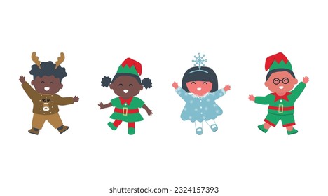 Christmas kids party. Cute children in Christmas costumes dance. Christmas tree, Elfs, Snowflake and Deer in the image. Vector illustration