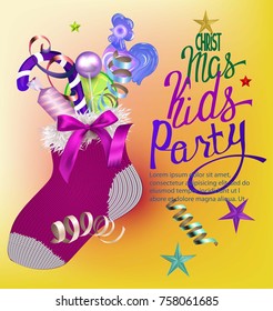 Christmas kids' party with christmas design objects. VECTOR ILLUSTRATION