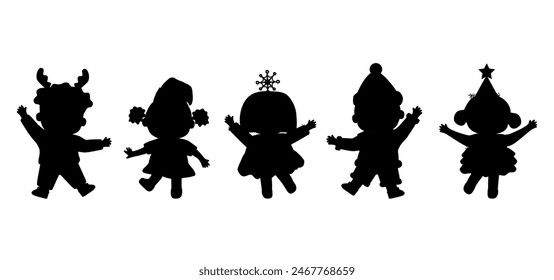 Weihnachtsmusiken Kids Party. Silhouetten von Kindern in Weihnachtsmusiken Kostüme. Kinder tanzen. Reh, Elf, Weihnachtsmann, Schneeflocke, Weihnachtsbaum. Menschen Silhouetten. Schwarz auf Weiß. Vektorillustration