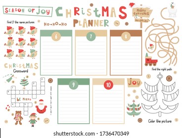 Christmas Kids Planner Template. Schedule for Children. Set of Kids Puzzles for Preschool, Kindergarten, School. Vector illustration. Cute Xmas Characters and Objects. From December 6 to 10.