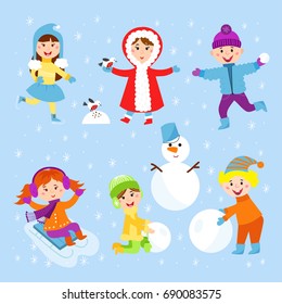 Christmas kids playing winter games children playing snowballs cartoon new year holidays vector characters illustration.