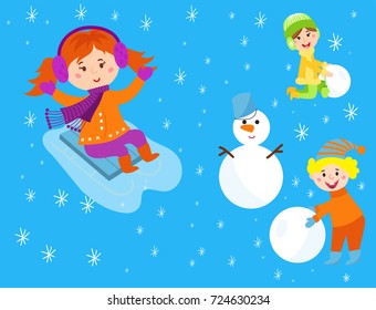 Christmas kids playing winter games children snowballs cartoon new year holidays vector characters illustration.