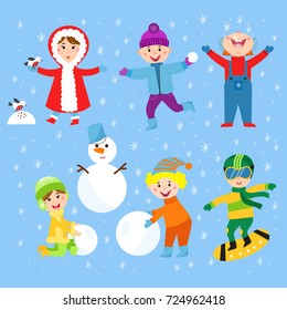 Christmas kids playing winter games children playing snowballs cartoon new year holidays vector characters illustration.