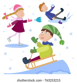 Christmas kids playing winter games cartoon new year winter holiday background vector illustration.