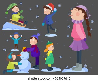 Christmas kids playing winter games cartoon new year winter holiday background vector illustration.