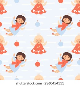 Christmas kids seamless pattern. Cute angel girls on light background with Christmas balls. Vector illustration in cartoon style. Xmas winter collection for design, textiles, packaging, wallpaper