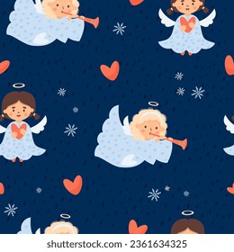 Christmas kids seamless pattern. Cute angel girls with trumpet and heart on blue background with snowflakes. Vector illustration in cartoon style. Cute Xmas kids collection