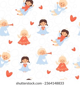 Christmas kids seamless pattern. Cute angel girls with trumpet and blond boy on white background. Vector illustration in cartoon style. Cute Xmas winter kids collection.