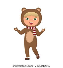 Christmas kids teddy bear costume. Winter party, holiday children carnival vector cartoon illustration
