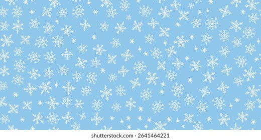 Christmas kindergarten seamless pattern of quirky white snowflakes. Blue blackboard style with wax and charcoal squiggle texture for Xmas wrapping, prints and decorations. Vector card illustration