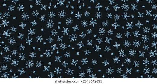 Christmas kindergarten seamless pattern of quirky blue snowflakes. Blackboard style with wax and charcoal squiggle texture for Xmas wrapping, prints and decorations. Vector card illustration
