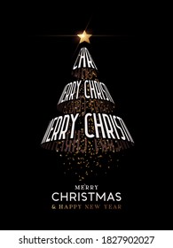 Christmas kinetic typography. Kinetix trendy Text Template. Merry Christmas and Happy New Year. Modern Xmas poster, banner, brochure, flyer, cover. Black background white letters. Vector illustration