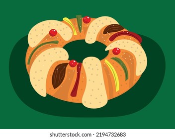 Christmas king cake, typical mexican, portuguese christmas cake vector illustration. Bolo rei, rosca de reyes