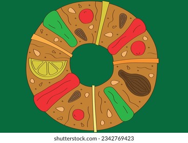 Christmas king cake, typical mexican, portuguese christmas cake vector illustration. Bolo rei, rosca de reyes