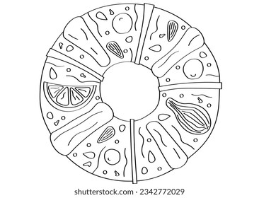 Christmas king cake, typical mexican, portuguese christmas cake vector illustration. Bolo rei, rosca de reyes. Coloring page for kids.
