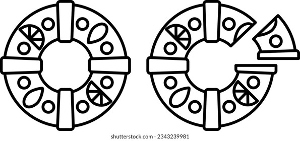 Christmas king cake vetor icon from above. Coloring page for kids from three kings cake, epiphany cake in black outline. Bolo rei, rosca de reyes traditional cake.