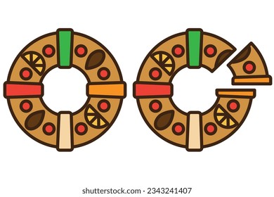 Christmas king cake vetor icon from above. Three kings cake, epiphany cake in colors. Bolo rei, rosca de reyes traditional cake.