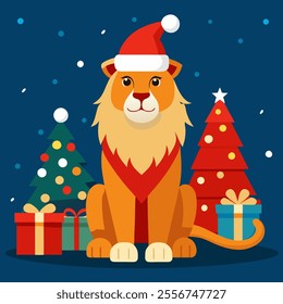 The Christmas King: A Festive Lion in Winter Wonderland.A stunning vector artwork featuring a majestic lion, symbolizing strength and regality,  