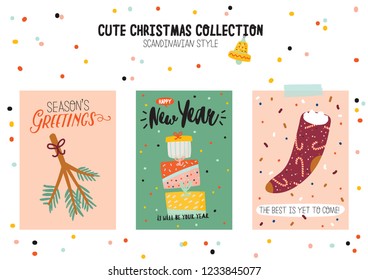 Christmas kit of cute winter postars and cards. New Year elements and holiday typography. Isolated. Scandinavian style illustration good for stickers, labels, tags, cards, posters. Vector