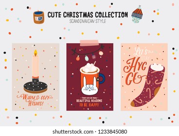 Christmas kit of cute winter postars and cards. New Year elements and holiday typography. Isolated. Scandinavian style illustration good for stickers, labels, tags, cards, posters. Vector