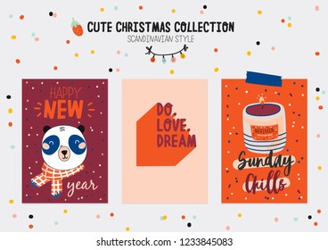 Christmas kit of cute winter postars and cards. New Year elements and holiday typography. Isolated. Scandinavian style illustration good for stickers, labels, tags, cards, posters. Vector